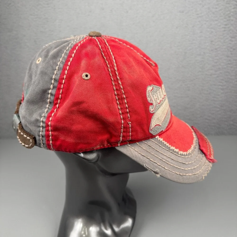 VTG True Religion Hat Mens Red Gray Distressed Y2K Buddha‎ Logo Baseball Cap